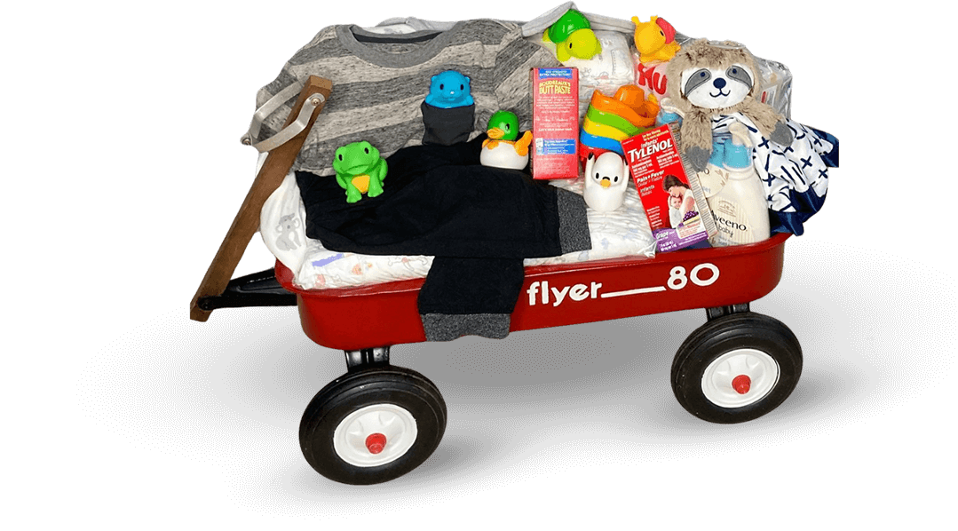 A red wagon filled with toys and stuffed animals.